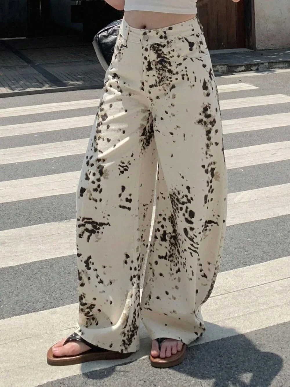 White Casual Women's Textured Random Print Zipper Fly Harem Pants
